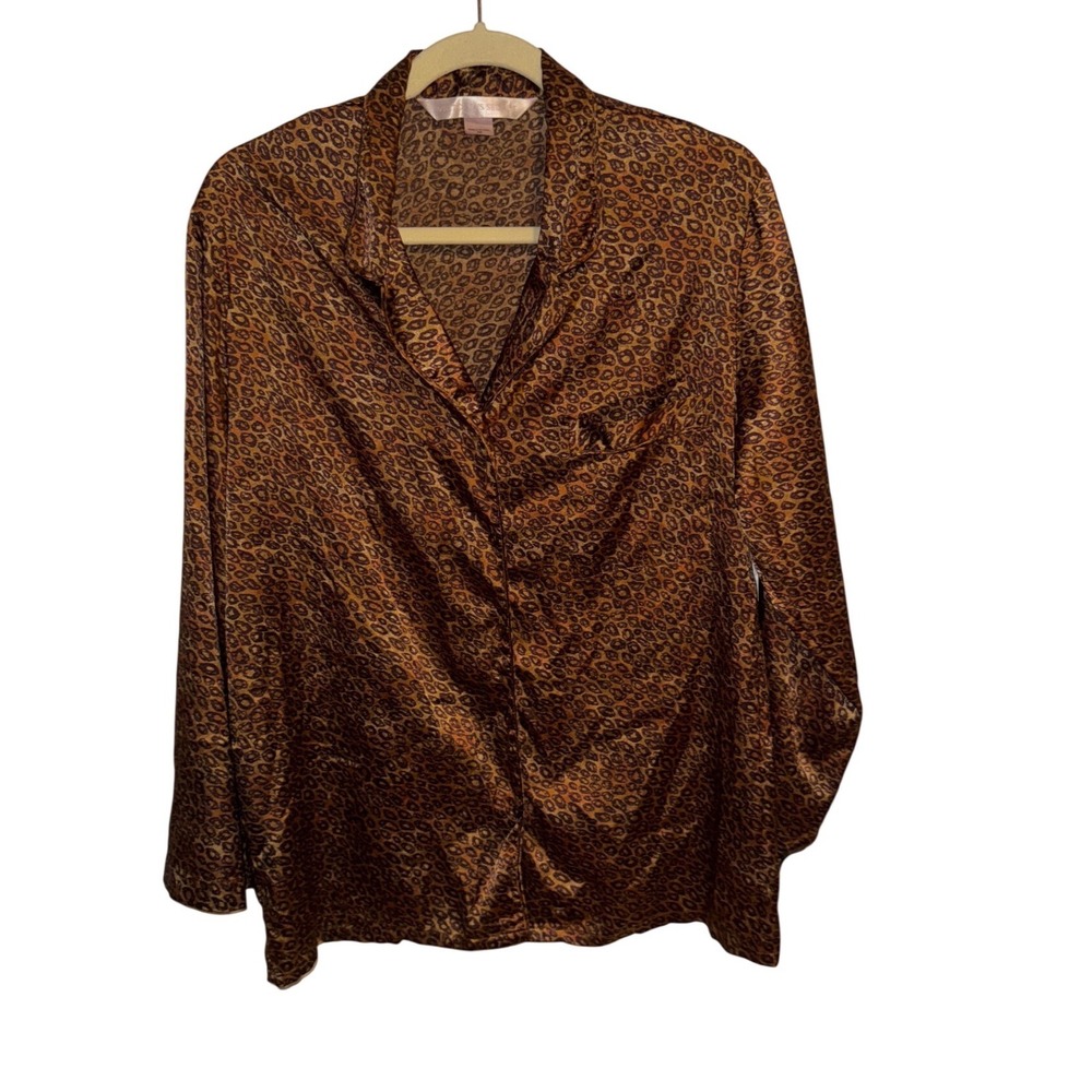 Victoria's Secret Woman's M Leopard Print Satin Pajama Top Brown Tan Long Sleeve